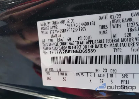 2022 Ford F-250 Lariat from USA, damaged, VIN 1FT7W2B62NED69589